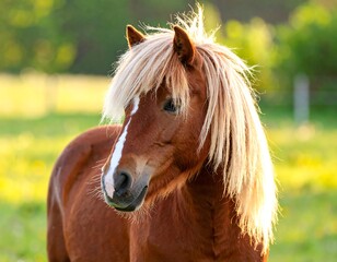 Fototapeta premium Brown horse with a flowing mane in a field