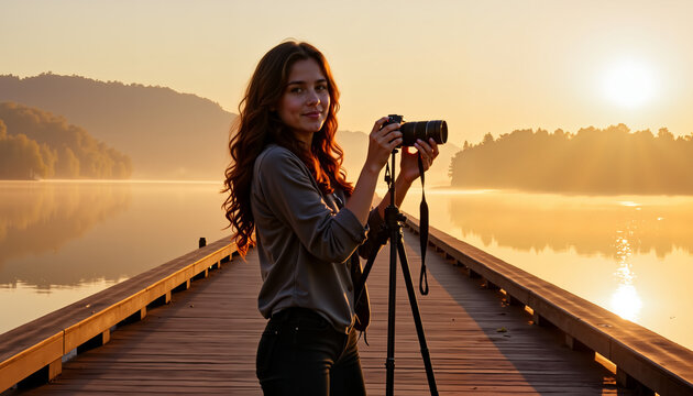 Young woman taking photos with camera on dock at sunrise for World Photography Day  