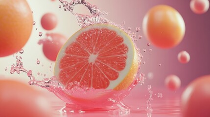Grapefruit slice splashing in pink liquid with vibrant colors and fresh fruity dynamic background