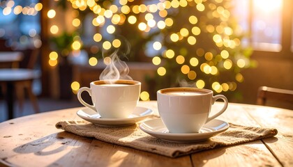 Obraz premium Two cups of coffee steaming on a table, warm morning light