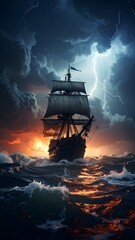 A majestic ship navigates a stormy sea at sunset
