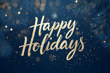 happy holidays in elegant gold script over a dark blue gradient background with sparkling snowflakes minimalist pine branches and subtle bokeh light effects for festive cheer