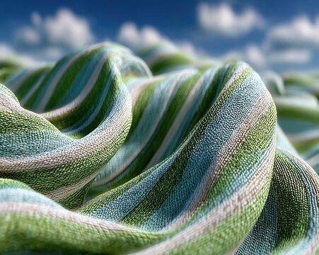 Green and white fabric gently waving in a fresh daytime breeze.