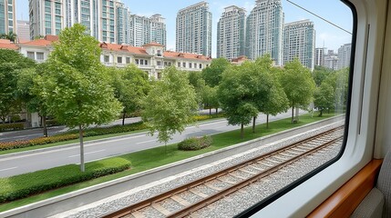 Train Window View of Tree Lined Road and Residential Buildings