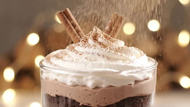 A dessert parfait with dark cake mousse and whipped cream in a glass garnished with cinnamon sticks and a dusting of spices