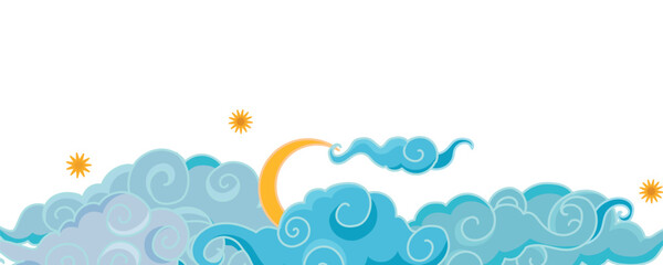 Tibetan sky. Blue Asian cloud with moon, sun and stars. Japanese Korean Chinese cloud style. Asian traditional ornaments. Border pattern. Vector illustration