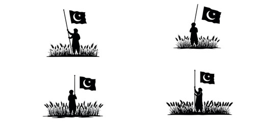 Pakistani Farmer Raising Flag in Wheat Field Silhouette – Independence Day Vector

