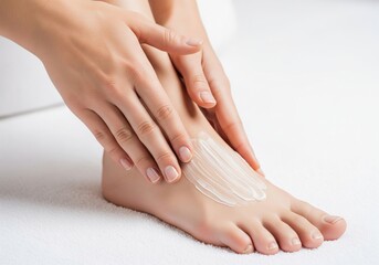Naklejka premium Woman Applying Moisturizing Cream on Foot