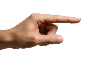 A close-up of a male hand, Caucasian descent, extending a pointing finger against a transparent background.