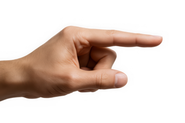 A close-up of a male hand, Caucasian descent, extending a pointing finger against a transparent background.