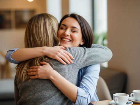 Happiness shines clearly on her face as she hugs her friend, creating a cozy and love-filled atmosphere.