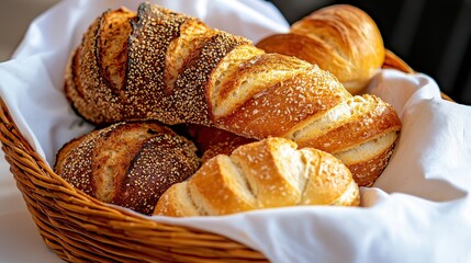 Variety of Sesame Seeded Breads and Fresh Rolls in Wicker Basket on White Cloth