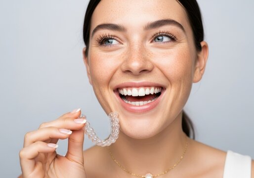 Smiling Woman Holding Clear Aligners for Teeth Alignment and Correction, Pretty Brunette with Freckles and Invisalign Retainer