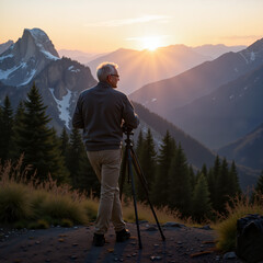 Man taking landscape photographs with tripod at sunset in mountains - Concept of World Photography Day  