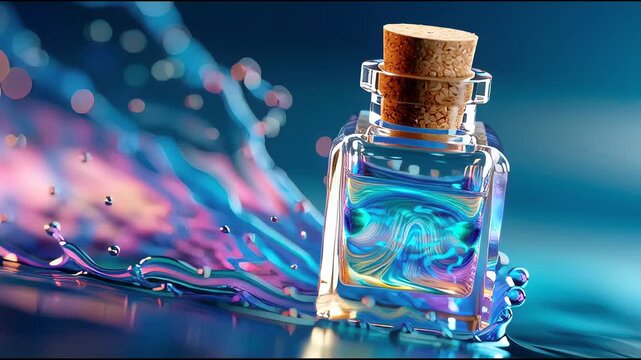 Glass bottle with a cork filled with swirling iridescent liquid, splashing dynamically against a vibrant blue background