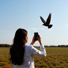 Young woman photographing flying bird in open field during daytime - Concept of World Photography Day  