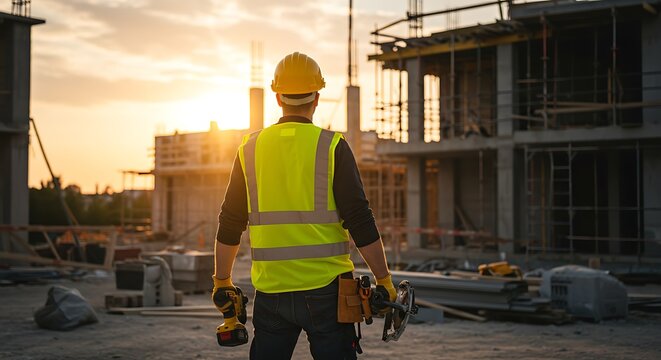 Back view of a construction worker with tools on a building site, watching the sunset. Concept for industry and development.