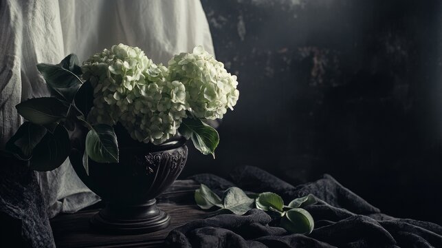 Vintage still life with white flowers and leaves in moody low light setting and shadows
