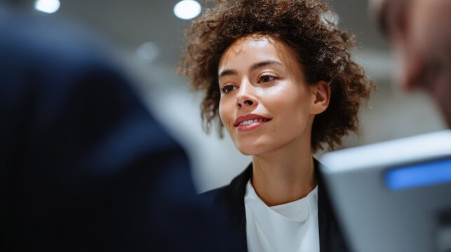 Female banker assisting customers with ATM transactions and digital banking services in a modern lobby