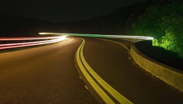 glowing green streak trail and curve line over road with motion speed blur , where tail lights stretch into a luminous line and dynamic energy shapes the final green line. 11