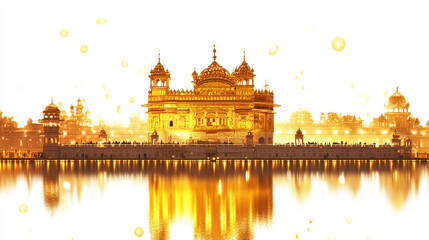 Obraz premium Golden temple amritsar reflecting in the water with people around the temple and other buildings nearby