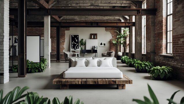 Spacious industrial loft living room with an exposed brick wall, steel beams, and modern furniture on a rustic wooden platform