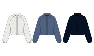 Collection of windbreaker jackets with zippers and pockets, vector. Sketch of a casual jacket with a high collar and zipper closure, in white, blue, and black colors.