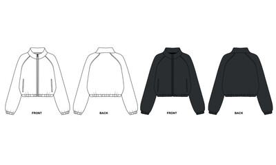 A set of oversized windbreaker jackets in white and black, vector. A collection of sketches of windbreakers made of raincoat fabric with a zipper, front and back views.