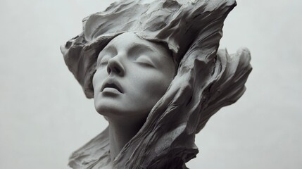 Surreal marble statue of woman with closed eyes in artistic contemplative emotion sculpture portrait