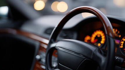 Close-up of luxury car dashboard and steering wheel