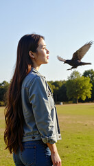 Young woman observing a bird flying in the park on sunny day - Concept of World Photography Day  