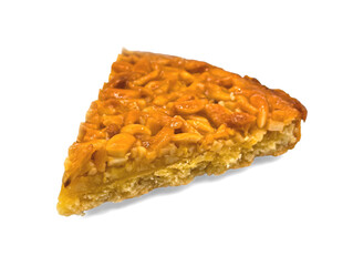 Slice of caramel almond tart isolated on transparent or white background, png