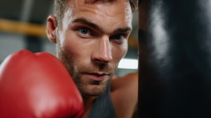 Male boxer training with punching bag in industrial-style gym