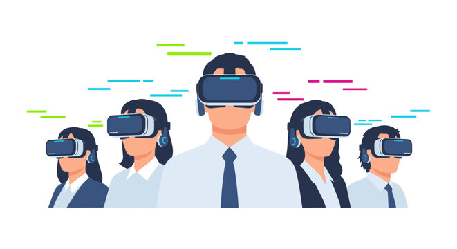 A diverse group of professionals experiences immersive virtual reality with VR headsets, symbolizing global technovation and the future of digital collaboration.