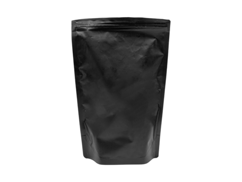Black stand-up pouch bag packaging isolated on transparent or white background, png