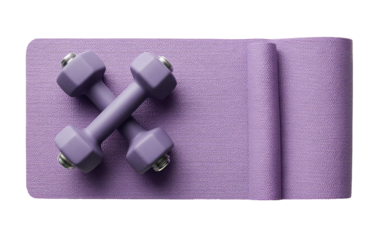Two purple dumbbells crossed atop a purple exercise mat