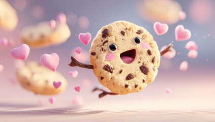 Animated cookie with a happy face surrounded by pink hearts, floating against a blurred, soft background. Other cookies are out of focus. Cute cartoon dessert