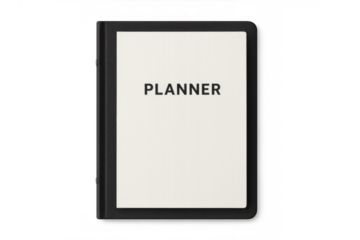 Black notebook labeled planner with blank pages, resting on transparent surface, minimal and clean design