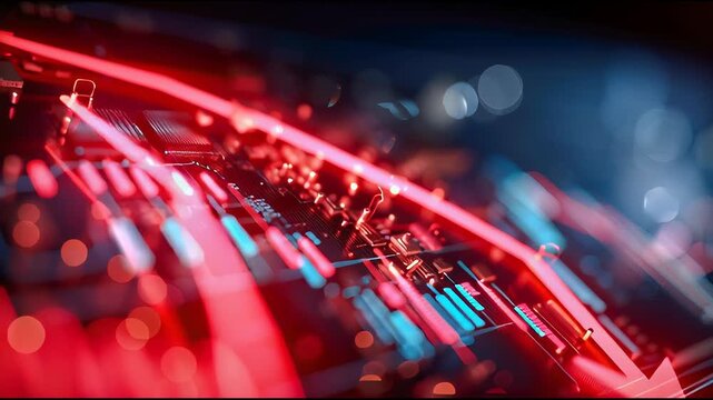 Red downward arrow graph on a futuristic digital screen illustrating financial loss or stock decline