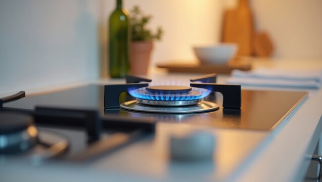 La llama azul parpadea sobre el quemador minimalista de una estufa de gas, enfatizando las superficies met&aacute;licas lisas y la est&eacute;tica limpia de la cocina