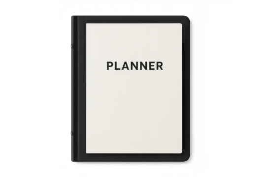 Black notebook labeled planner with blank pages, resting on transparent surface, minimal and clean design