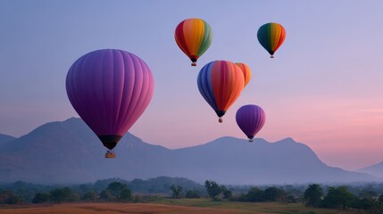 Obraz premium Hot air balloons floating over colorful landscape during sunrise festival