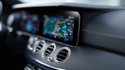 Close-up of dashboard displaying advanced digital controls and navigation system