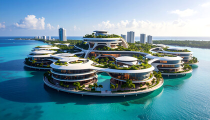 Sustainable Floating Metropolis with Organic Architecture and Cascading Greenery in Tranquil Ocean Setting