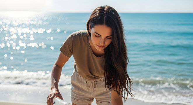 A young female volunteer picking up a plastic bottle during a beach cleanup on a sunny day