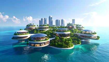 Sustainable Floating Metropolis with Organic Architecture and Cascading Greenery in Tranquil Ocean Setting