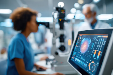 Diagnostic machine scanning patient data in a medical facility with healthcare professionals