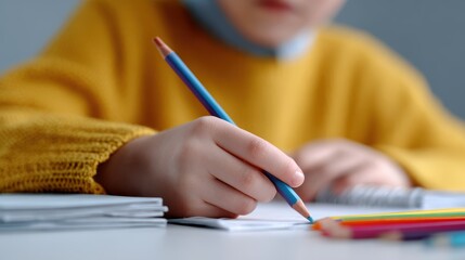 Child practicing handwriting skills with colorful pencils and workbooks on a tidy desk