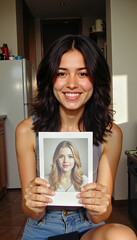 Young woman smiling while holding a photo in a bright kitchen - Concept of World Photography Day  