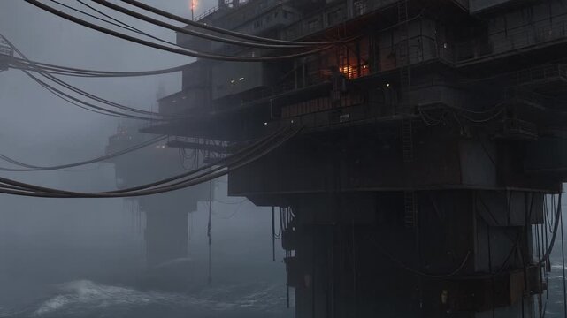 Dystopian Floating City on Rusted Platforms Over Stormy Ocean in Harsh Post-Apocalyptic Setting